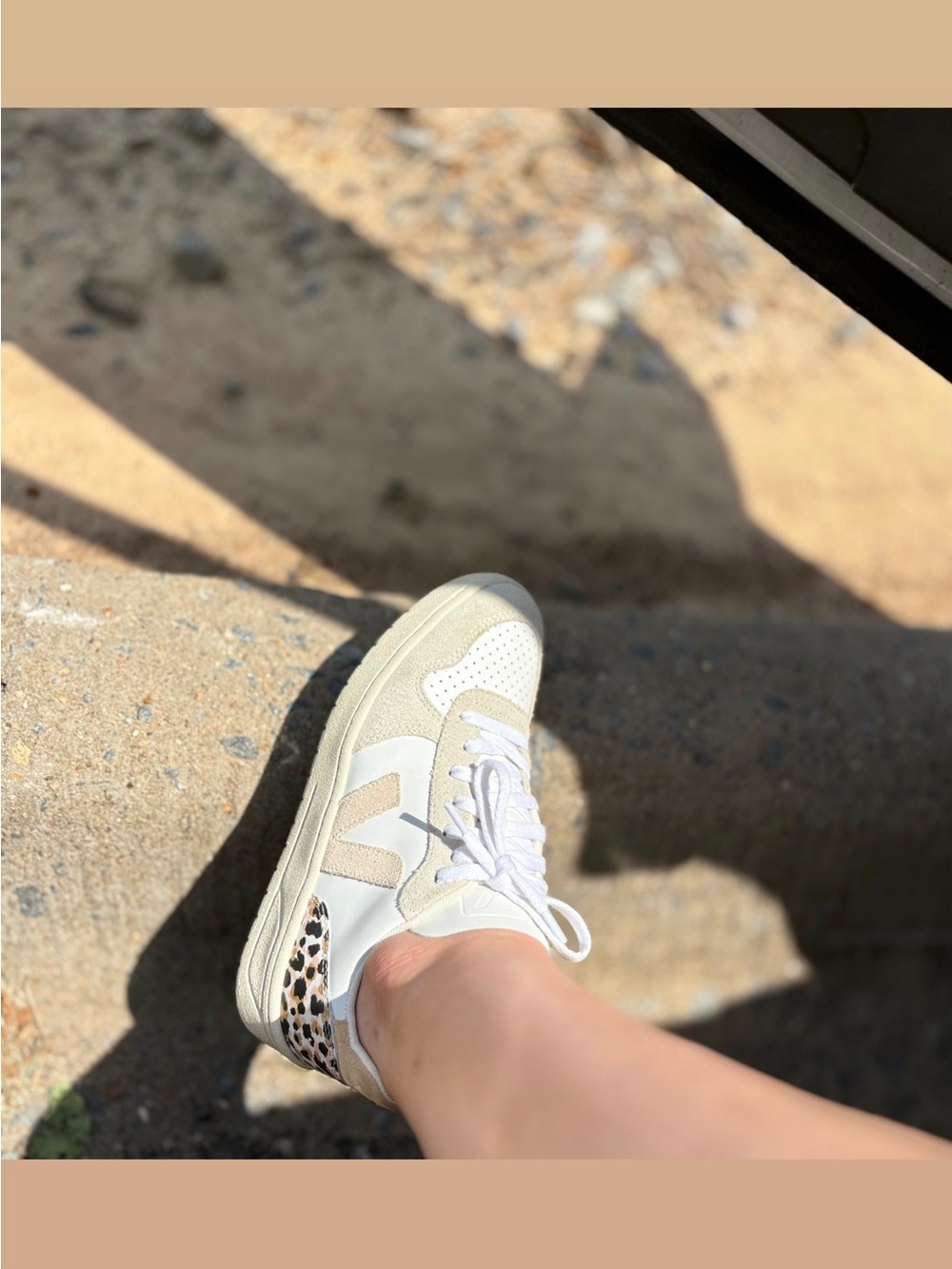 Veja Women's White and Beige Sneakers with Leopard Heel